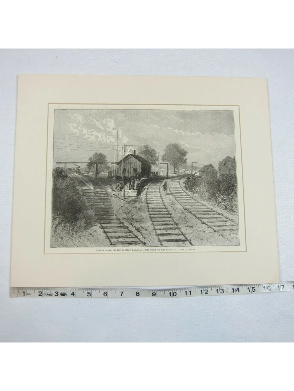 Antique 1871 Wood Engraved Print Revere Massachusetts Railroad Train Wreck Scene